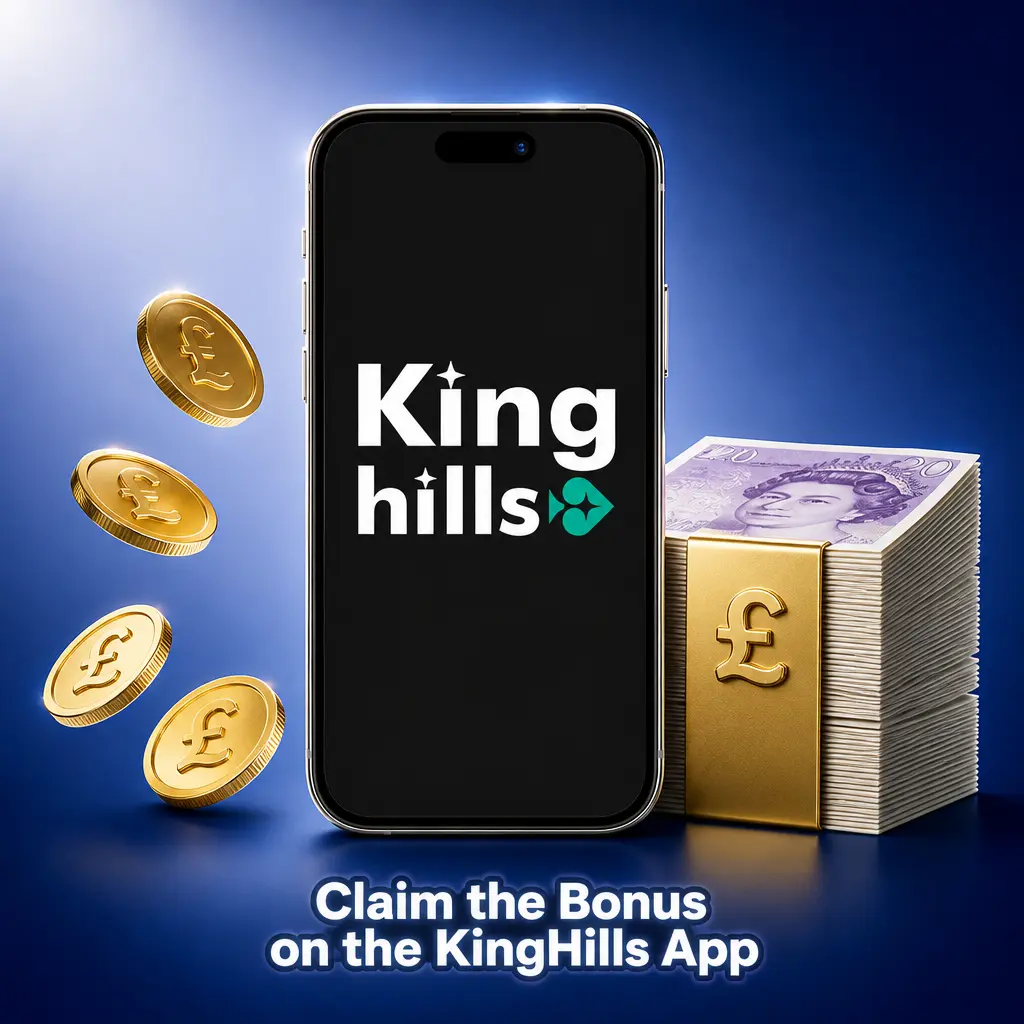 Claim the KingHills welcome bonus on the app: download, register, deposit GBP 10, and get your match bonus plus Free Spins.