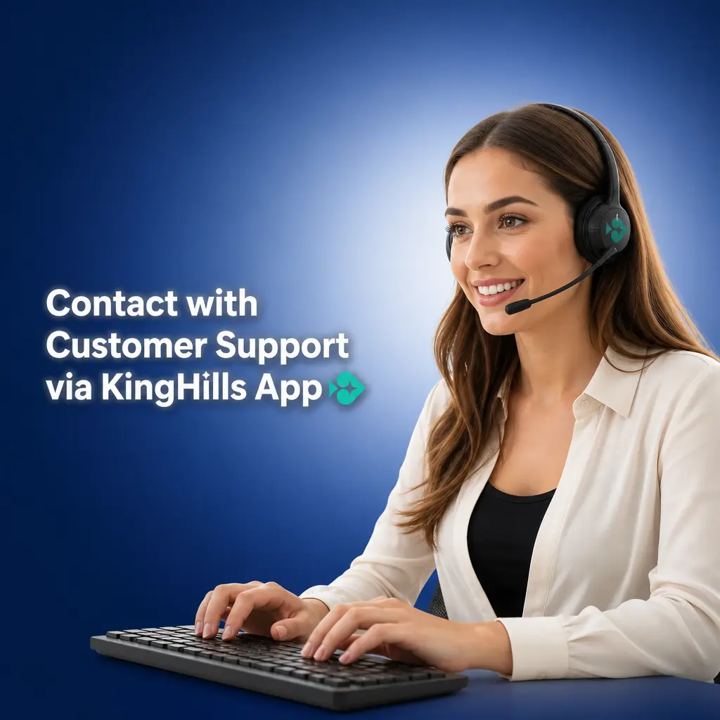 Customer support options in the KingHills app, including live chat, email, WhatsApp, and FAQ section