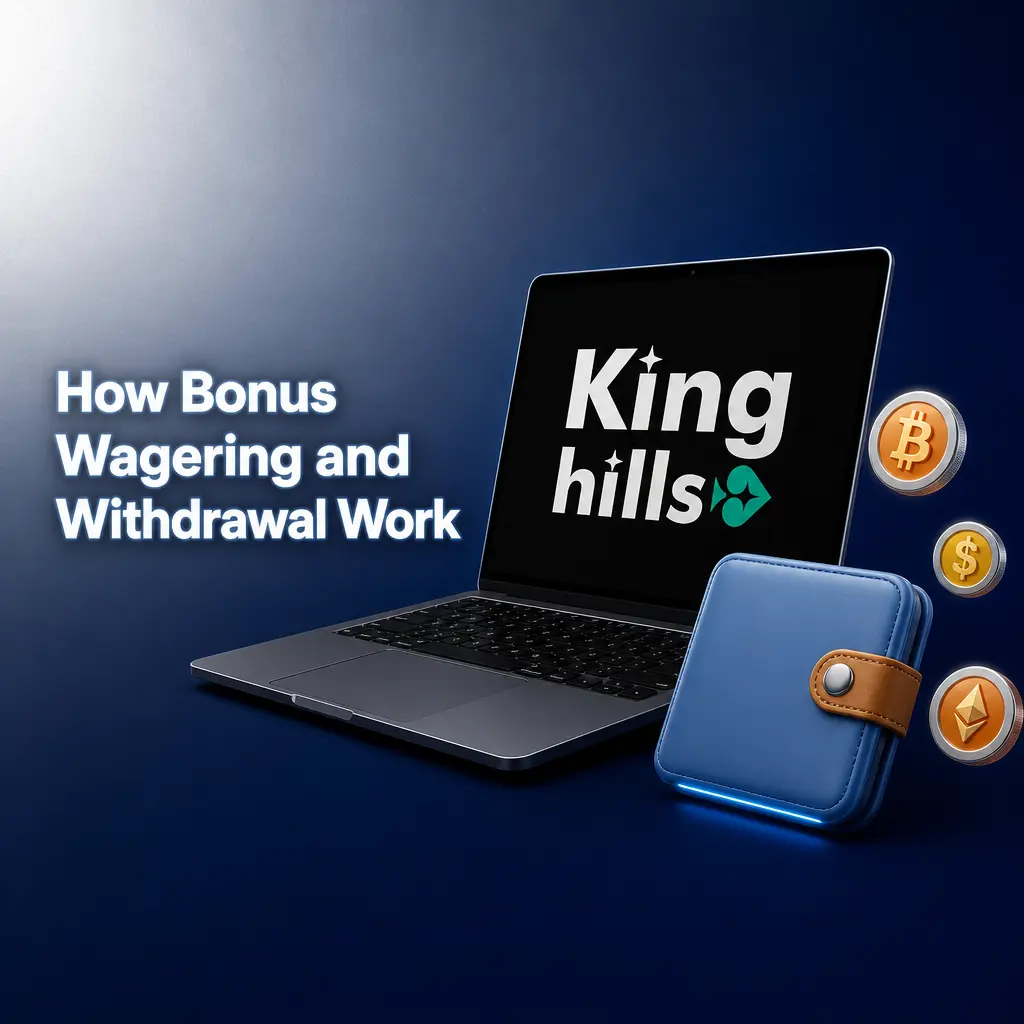 Diagram explaining KingHills bonus wagering rules, 35x requirement, and withdrawal process for bonus and cash funds.