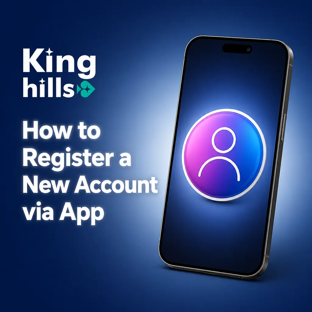 Step-by-step guide to registering a new KingHills account via the app, from launching the app to confirming registration.