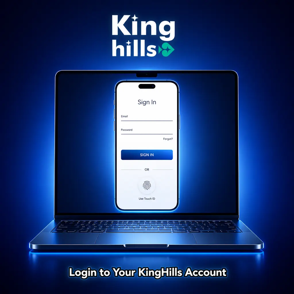 KingHills login screen showing email and password fields to access account balance and game menu