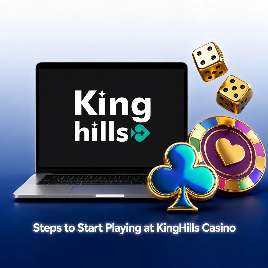 Five steps to start playing at KingHills Casino: log in, deposit funds, browse the lobby, select a game, and place your bet.